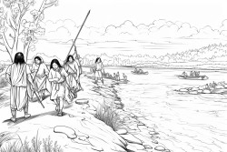 native americans crossing a river on foot using a grapevine as a rope to keep them connected
