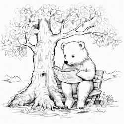 a bear reading books under an oak tree