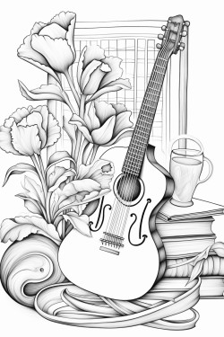 realistic artistic still life with volume that contains a guitar and a vase with tulipans