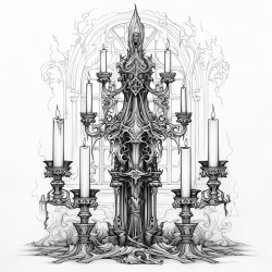 a tall gothic candelabra with melting candles surrounded by dark flowing curtains