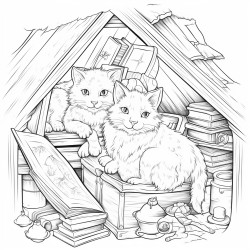 cute comfy attic with cats reading books