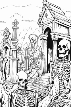 skeletons stand in the middle of an ancient cemetery