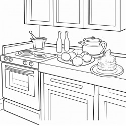 a kitchen with a cake dish on the counter