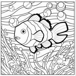 mosaic of clownfish in front of seaweed 16 colors 100 curved segments bold black lines no details no grayscale no shadows