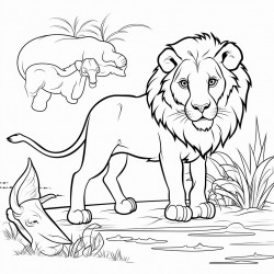 a lion watching an elephant drink water with a wolf hiding in the bushes