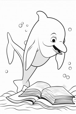 dolphin reading a book at an underwater library