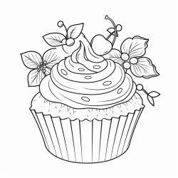 cupcake with a cherry on top and there are candies and flowers around