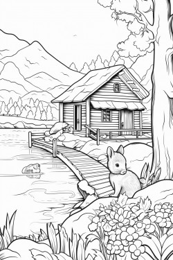 a squirrel switzerland landscape with a quaint stone house surrounded by flowers wooden dock extending into a lake