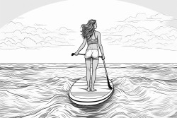 a woman paddle boarding on the sea on a sunny day