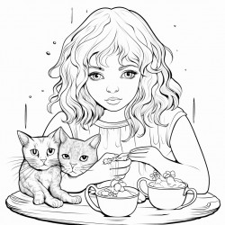 two cats drinking milk and a girl watching them