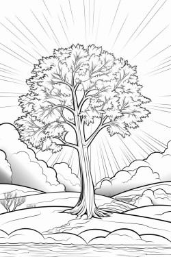 winter tree scene with the sun shining and sun rays