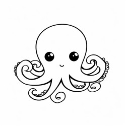 kids coloring page with octopus black and white simple line art style minimalist drawing white background style raw