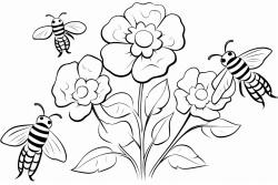 cute bees flying around large flowers