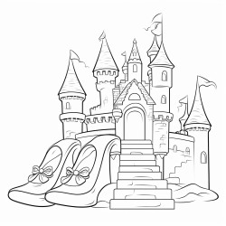 a pair of glass slippers sitting on steps up to a castle