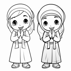 two little cartoon muslim girls wearing jilbab praying salah standing with hands raised up by ears