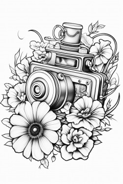 old school steam punk camera with flowers around it