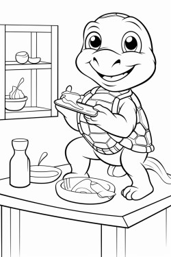 turtle is sitting in a cozy kitchen he eats his breakfast