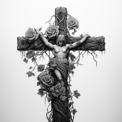 ivy wrapping around a thick wooden cross with a female hand coming up from bottom with a red rose
