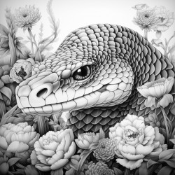 snake mystical theme highly detailed black outline floral elements