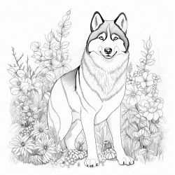 a husky dog in front of flowers and treea