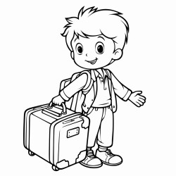 un enfant avec une valise devant des panneaux de direction