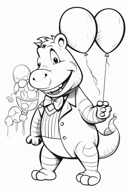 a dancing alligator holding balloons with a dancing zebra at a tea party in a simple coloring book style with low detail