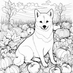 shiba inu in a pumpkin patch