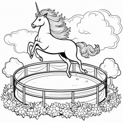 unicorn jumping on a trampoline made of vegetables