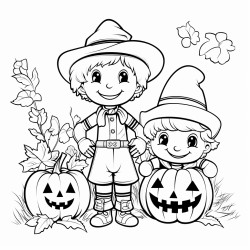 children coloring page autumn themed with scarecrow pumpkins and apples