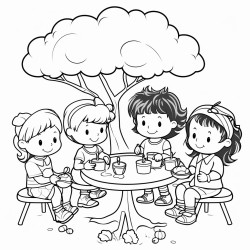 three girls and two boys having a tea party under a meatball tree