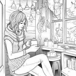 girl sitting in coffee shop crocheting
