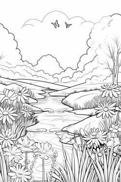 flower meadow with animals and a stream and a sunrise