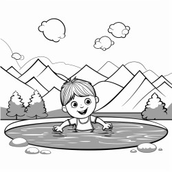 toddler swimming in the swimming pool with lane lines and some floaters around the backdrop is a mountain and trees