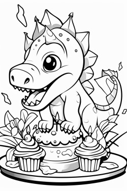 cartoon dinosaur on a birthday cake decorated with mushrooms