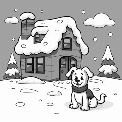 a house covered in snow and a snow man on the lawn