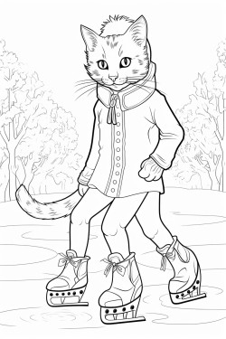 black cat wearing ice skates over a frozen lake in the woods