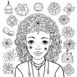 a mixed colouring page with images of self care items young girls of all races teen items and mandalas