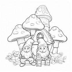 gnomes in front of a mushroom house eating candy