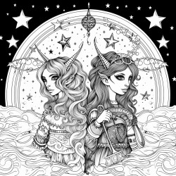 two tarotloving witches with background of unicorns and glitter
