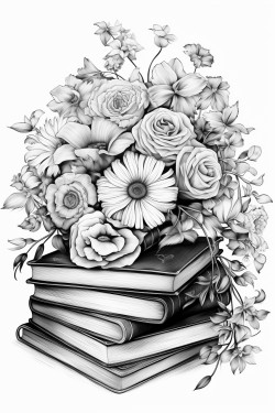 stack of books surrounded by flowers