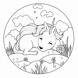 baby unicorn sleeping in a meadow with fog