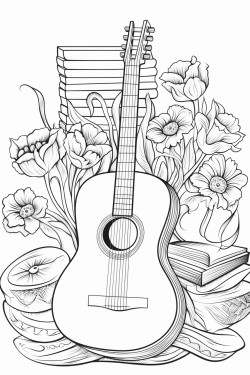 artistic still life with a guitar and a vase with tulipans