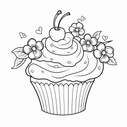 cupcake with a cherry on top and there are candies and flowers around