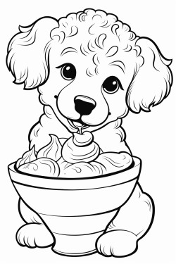 a cute golden doodle puppy eating a big bowl of ice cream