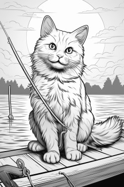 a cat sitting on a dock at sunset fishing with a fishing pole the fish in the water are glowing and the sky looks like the sun is setting