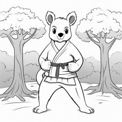 a kangaroo wearing a black belt in the forest