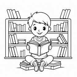 child sitting cross legged reading book in library