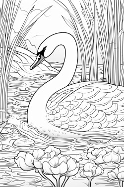 a swan gliding serenely across a peaceful pond surrounded by intricate lily pads and dragonflies