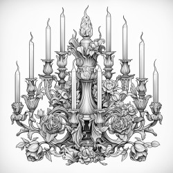 a tall gothic candelabra with melting candles surrounded by dark flowing curtains