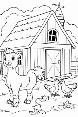 a cute barn with numerous cute animas as cow hen horse duck turkey sheep and donkey